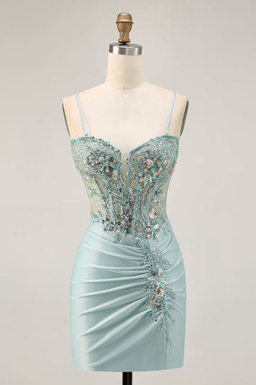 Grey Green Bodycon Strapless Cocktail Dress with Sequins